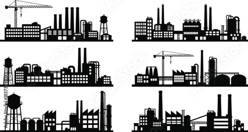 Factory silhouette, industrial building, smokestack vector, construction site, energy plant, urban infrastructure, black outline, manufacturing icon, crane, tank