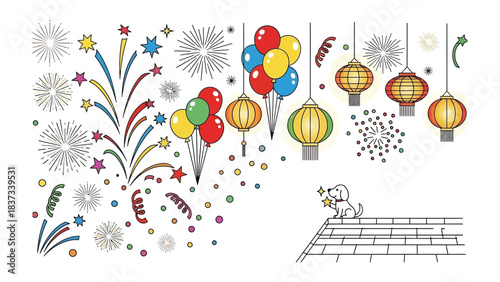 Festive Celebrations: A lively vector illustration, bursting with celebratory elements: fireworks, balloons, paper lanterns, and festive confetti, accompanied by a small dog. 
