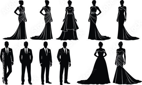 Formal attire, fashion silhouette, evening gown, suit icon, elegant wear, black outline, clothing style, vector clipart, party dress, tuxedo