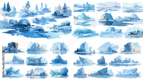 Watercolor illustration set of icebergs, snowy landscapes, frozen seas, and arctic scenery. Ideal for nature artwork, climate themes, winter decor, educational graphics, and environmental design proje