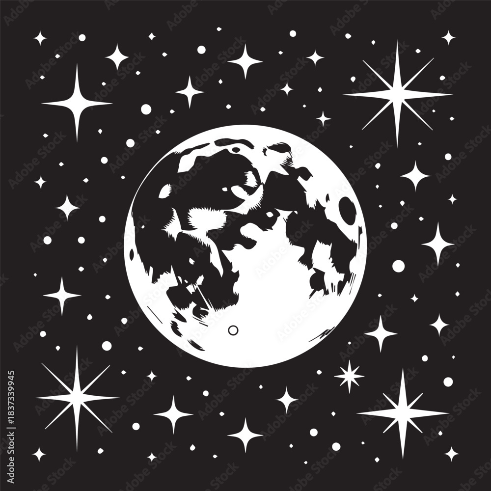 Naklejka premium Full moon shining brightly among a starry night sky