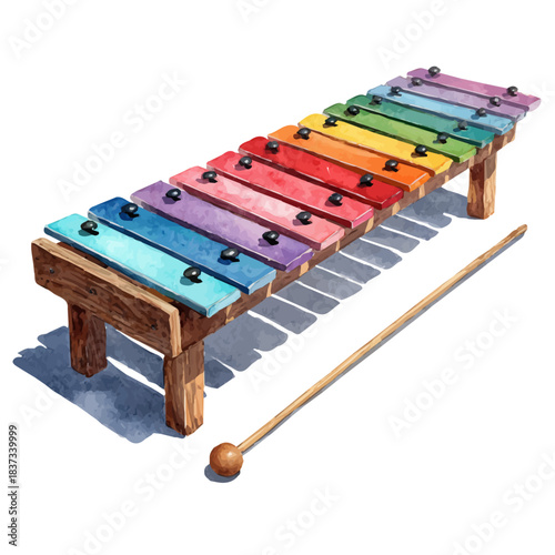 Xylophone in watercolor painting style, vector illustration on white background.