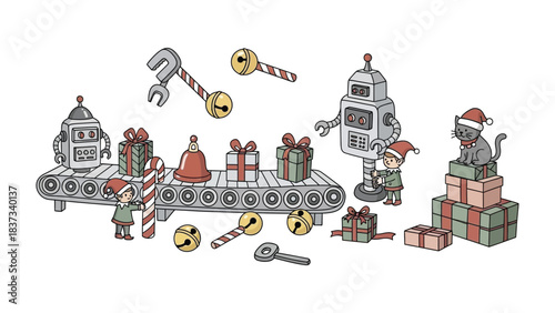 Christmas Factory: A whimsical illustration of a Christmas factory in full swing, with robots, elves, and a cat collaborating to produce and package presents, creating an atmosphere of festive cheer.