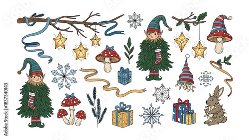 Festive Holiday Elements: A collection of charming, hand-drawn illustrations featuring a collection of whimsical, winter-themed objects, creating a vibrant holiday season.