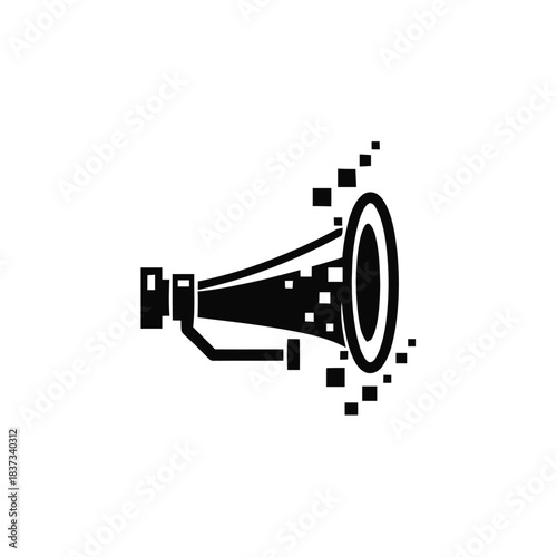 Digital megaphone icon representing sound and communication with pixel burst.