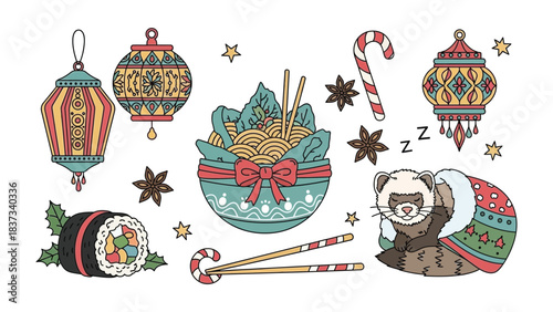Festive Holiday Food and Decorations: A whimsical and festive illustration features a variety of holiday-themed items, including lanterns, noodles, sushi, candy canes, and a sleeping ferret.