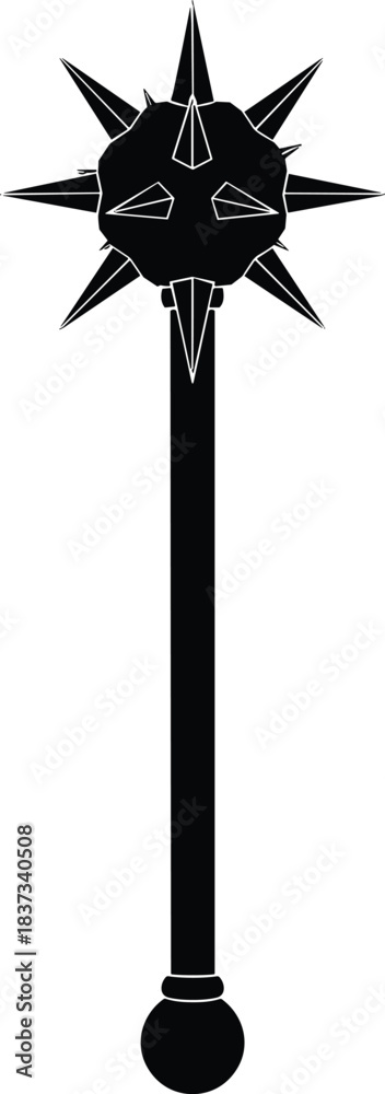 Naklejka premium Classic Medieval Spiked Mace Weapon Vector Illustration with Brutal Star Ball Head, Perfect for Fantasy Role-Playing Game Assets and Historical Combat Design.