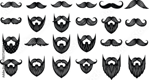Mustache silhouette, beard icon, facial hair, grooming style, black outline, vintage look, hipster design, vector clipart, male fashion, barber