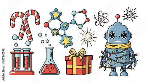 Festive Scientific Wonderland: A delightful assortment of festive and scientific elements come together, featuring a cheerful robot adorned with twinkling lights, holiday treats.