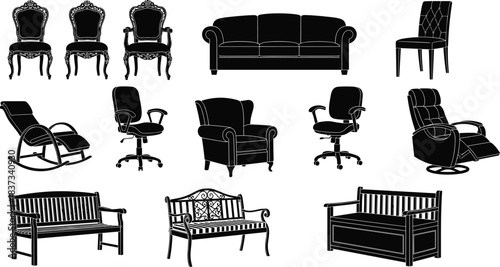 Silhouette chairs and benches, furniture icons, seating collection, interior design elements, vector set, black shapes, home decor, illustration