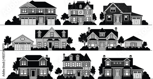 Residential house, home design, suburban architecture, roof style, window layout, porch, chimney, garage, tree landscape, neighborhood, vector clipart