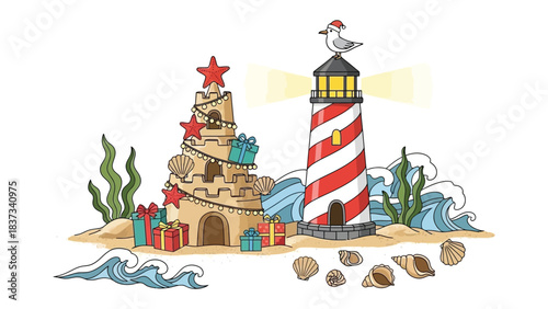 Coastal Christmas Fantasy: A whimsical scene combines a festive sandcastle and a classic lighthouse, decorated for the holiday season with seashells, seaweed and waves.