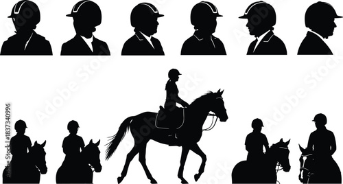 Collection of horse rider silhouettes with helmets and equestrian sport figures riding horses vector