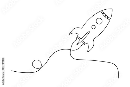 Single one line drawing of rocket showing powerful engine exhaust trail in simple vector style