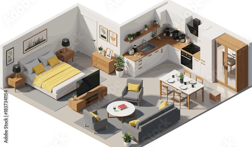 Studio apartment, modern interior, open layout, bedroom kitchen, cozy living room, dining space, stylish decor, compact design, furniture, home