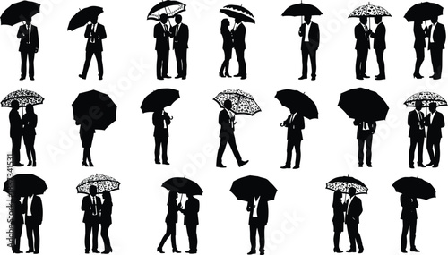 Umbrella silhouette, people walking, rainy day, formal attire, vector clipart, black outline, couple pose, social scene, fashion icon, rain