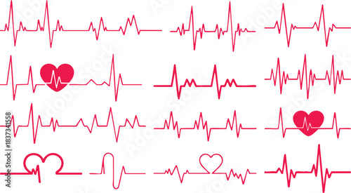 Red heartbeat line collection with heart symbol, cardiology, medical pulse, ECG, EKG design, healthcare clipart vector illustration, health monitoring, digital heartbeat graphics