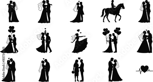 Wedding silhouette, romantic couple, bride groom, love icons, horse bride, heartbeat symbol, kissing pose, dancing couple, marriage clipart, vector art