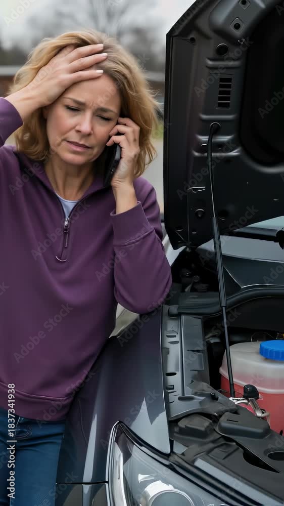 Woman calling for roadside assistance after a car breakdown on a city ...