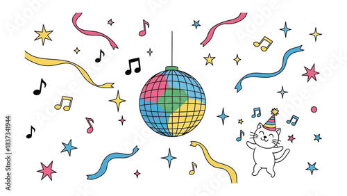 Party Time: An illustration of a playful party scene featuring a disco ball, music notes, confetti, and a cute cat, conveying joy and celebration.