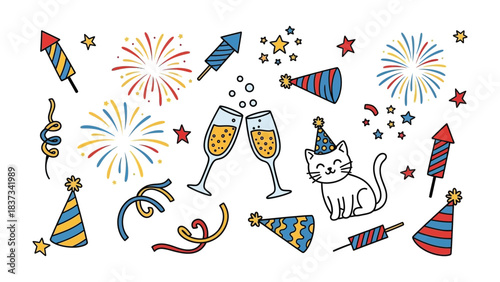 Festive Celebration: Hand-drawn elements of cheer, including fireworks, champagne toast, and festive accessories, create a playful vibe. Celebrate good times!