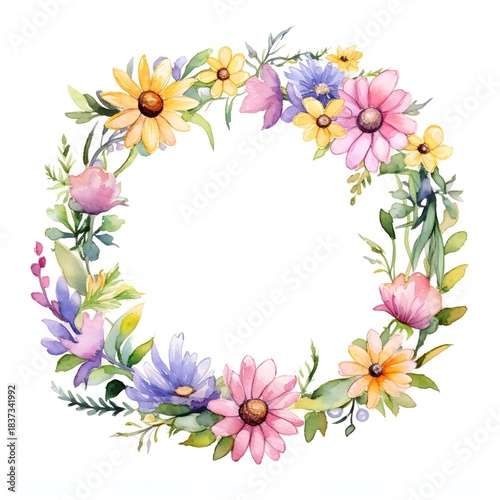 Floral watercolor wreath with spring blossoms in pink, yellow, and purple color