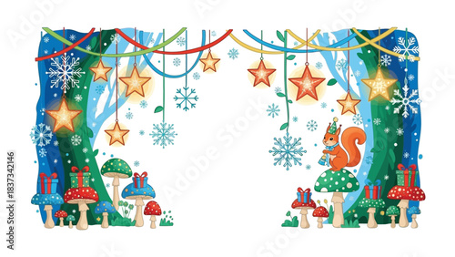 Festive Forest Wonderland: An enchanting illustration of a woodland scene, adorned with festive decorations like stars and snowflakes, sets the stage for a delightful Christmas or holiday celebration.