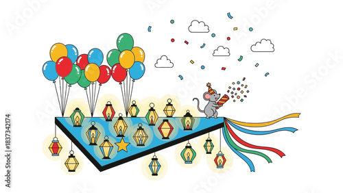 Celebration of light and joy: A whimsical image of a festival, with a festive mouse popping confetti. and colorful balloons