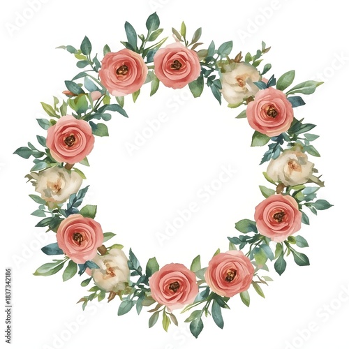 Watercolor wreath featuring pink and cream roses with lush green foliage