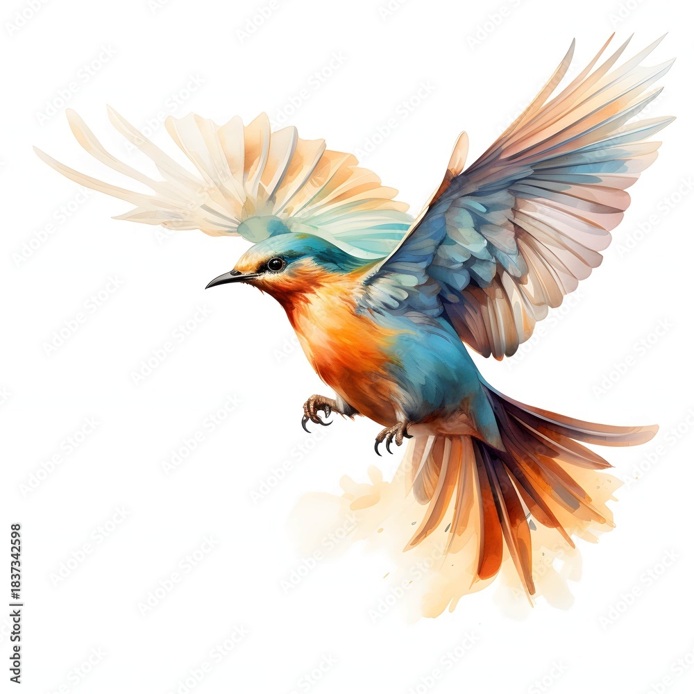 Fototapeta premium Watercolor depiction of a vibrant lilac-breasted roller in flight against a white background
