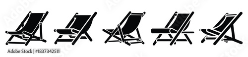 Set of beach deck chair vector icon in silhouette design. summer design concepts.