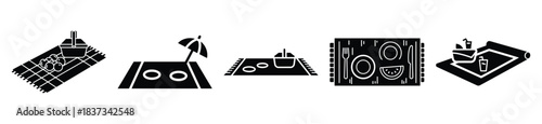 Set of beach picnic mat vector icon in silhouette design. summer design concepts.
