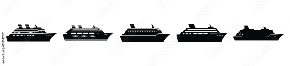Obraz premium Set of cruise ship vector icon in silhouette design. summer design concepts.