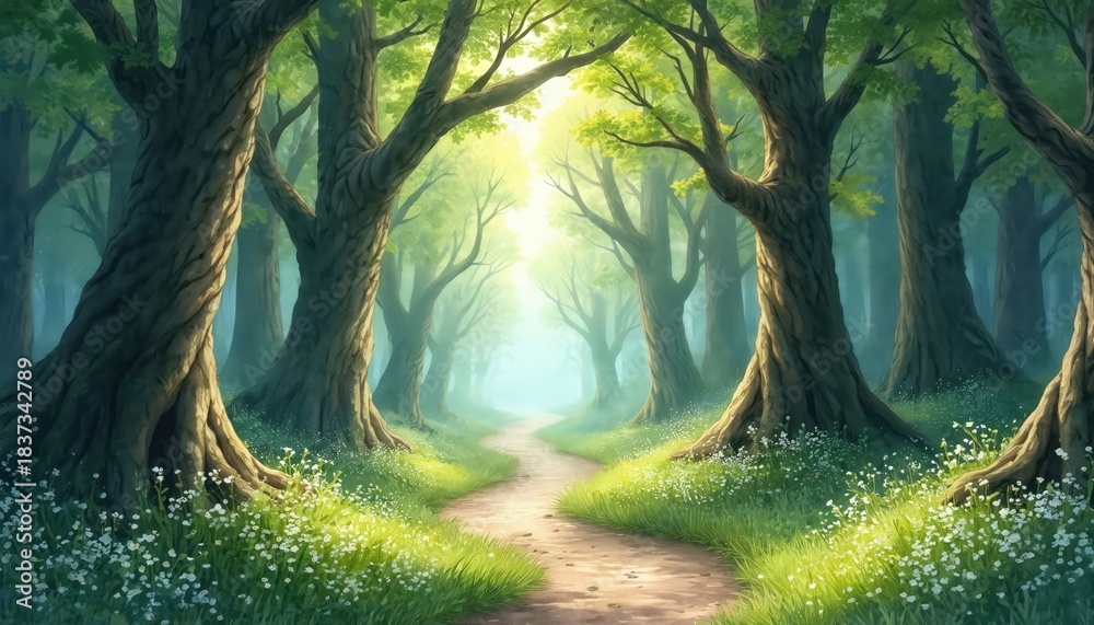 Obraz premium Illustration of magical forest. A path leads into the woods. Sunlight streams through trees. Blooming flowers grow around. Peaceful nature scene. Wonderful landscape for kids story book.