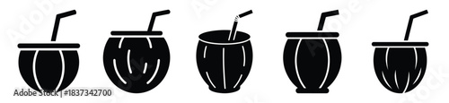 Set of coconut straw cup vector icon in silhouette design. summer design concepts.