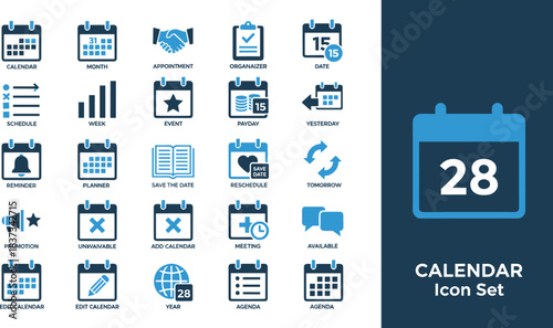Calendar icon set for planner, appointment, reminder, meeting, schedule, event, organizer, editable vector, date, month, year, agenda, template