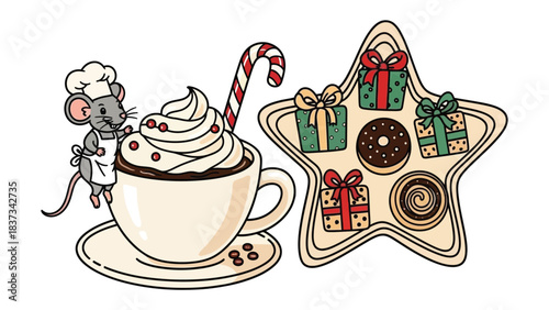 Festive Hot Chocolate and Treats: A delightful illustration of a holiday-themed scene featuring a creamy hot chocolate with festive toppings, a star-shaped platter of treats, and a charming mouse.