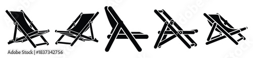 Set of deck chair folded vector icon in silhouette design. summer design concepts.