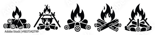 Set of fire camp vector icon in silhouette design. summer design concepts.