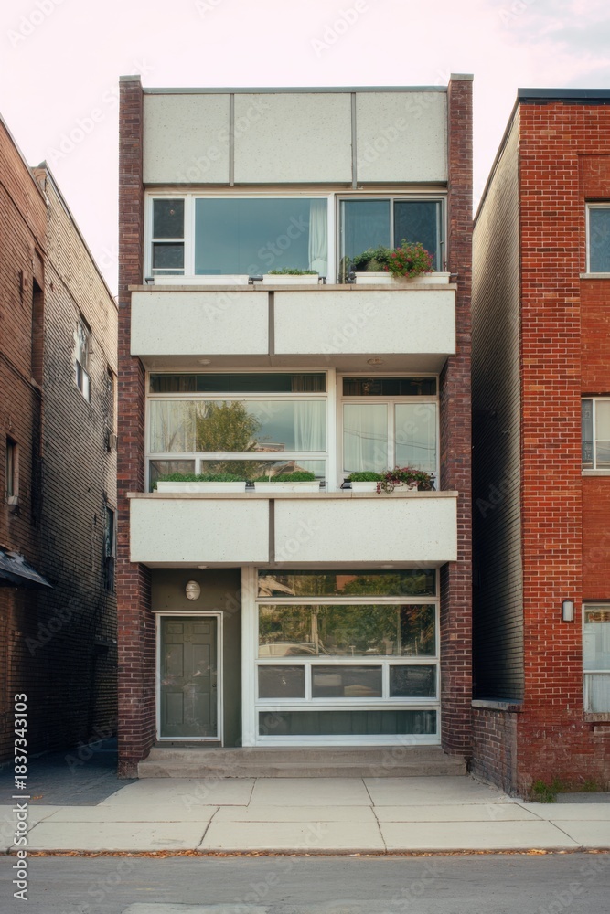 Fototapeta premium Modern building located in an urban area showing three stories with large windows and plants on the balcony during daylight hours