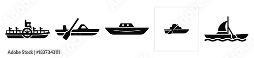 Set of paddle boat vector icon in silhouette design. summer design concepts.