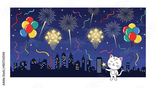 City Fireworks Celebration: A whimsical display of vibrant fireworks paints the night sky above a cityscape, celebrating a joyous occasion with colorful balloons and confetti.