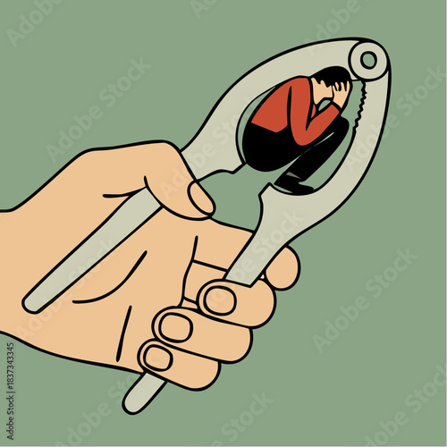 gripped by pressure with crouched figure in plier jaws against a muted green field of distress
