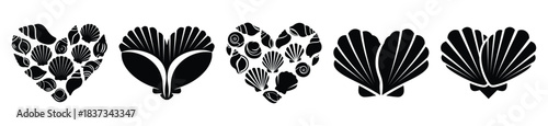 Set of seashell heart vector icon in silhouette design. summer design concepts.