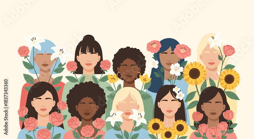 Diverse Women with Flowers Celebrating Female Empowerment