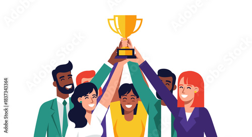 Title: Diverse Team Holding Trophy Together Celebrating Success