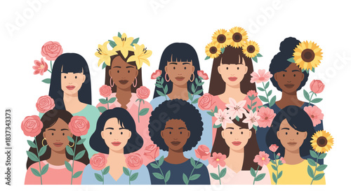 Diverse Women with Flowers Celebrating Female Empowerment