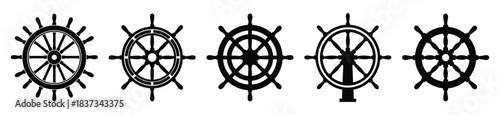 Set of sea ship wheel vector icon in silhouette design. summer design concepts.