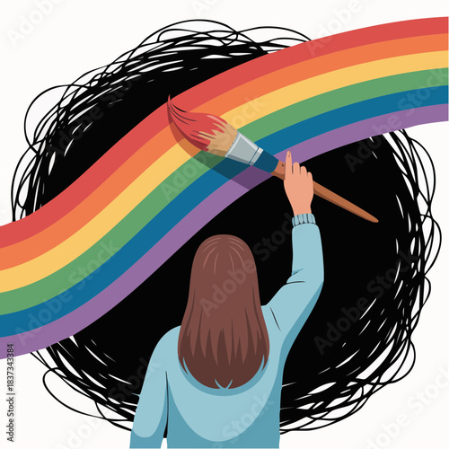 rainbow over chaos with blue-hooded figure painting hope across a scribbled storm