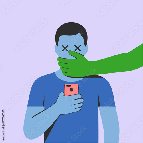 silenced by green hand with X-eyed figure clutching pink phone in a purple field of control